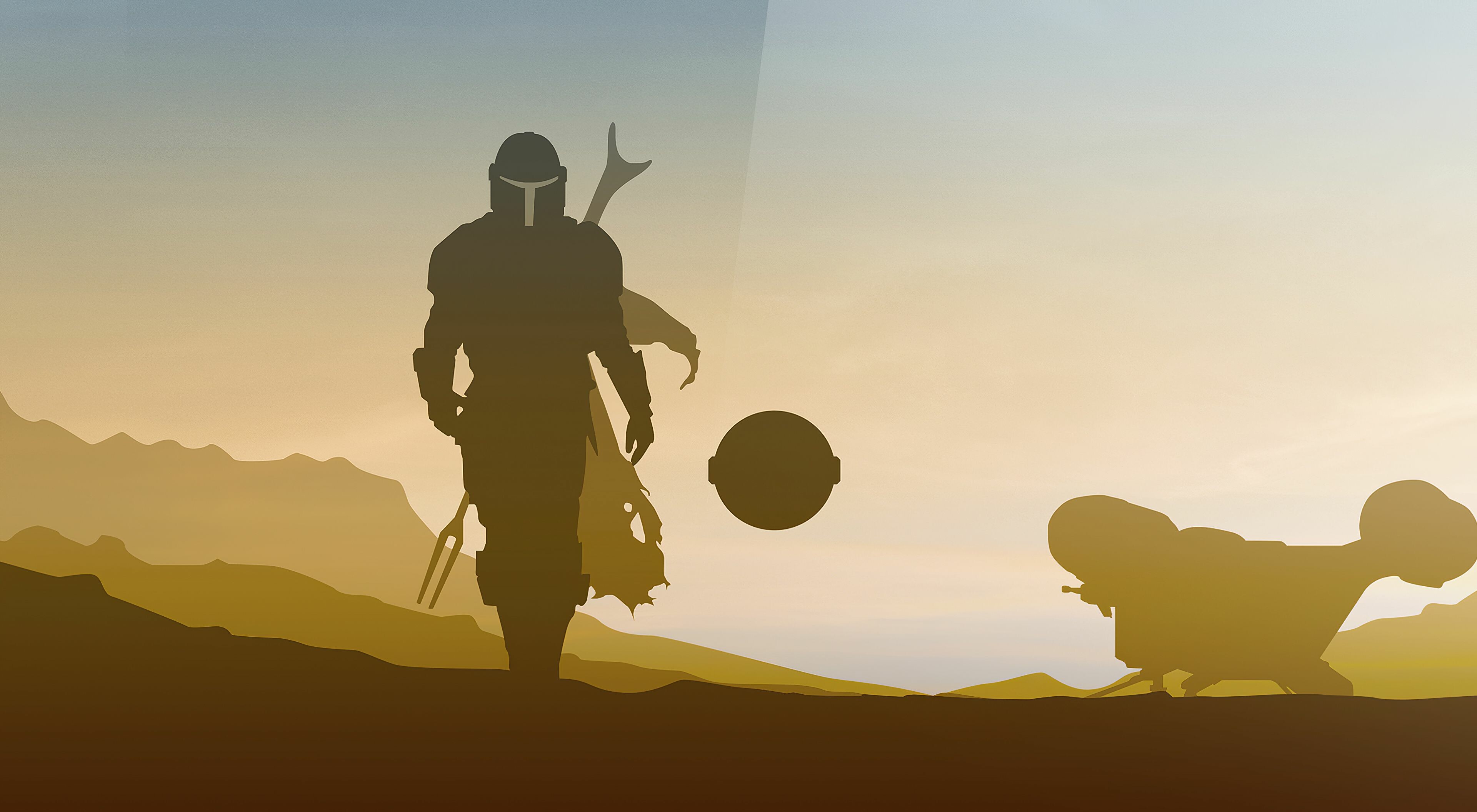 Din Djarin silhouette, Speeder bike, Tatooine desert dunes Din Djarin silhouette, Speeder bike, Tatooine desert dunes — 3840×2112 HD wallpaper