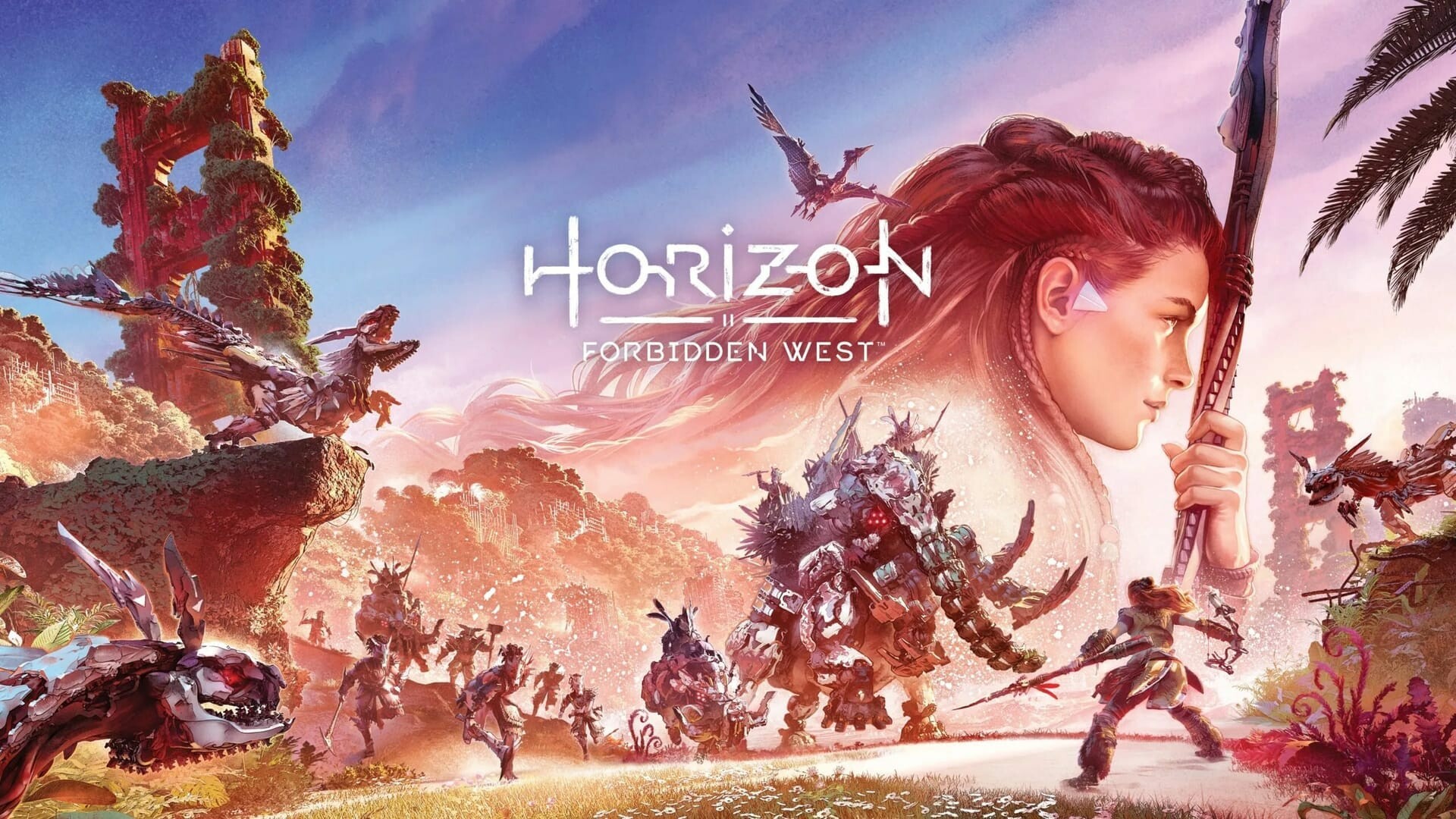 Aloy profile portrait, Tremortusk machine, Charging tribal warriors, Red desert mesas Aloy profile portrait, Tremortusk machine, Charging tribal warriors, Red desert mesas — 1920×1080 HD wallpaper