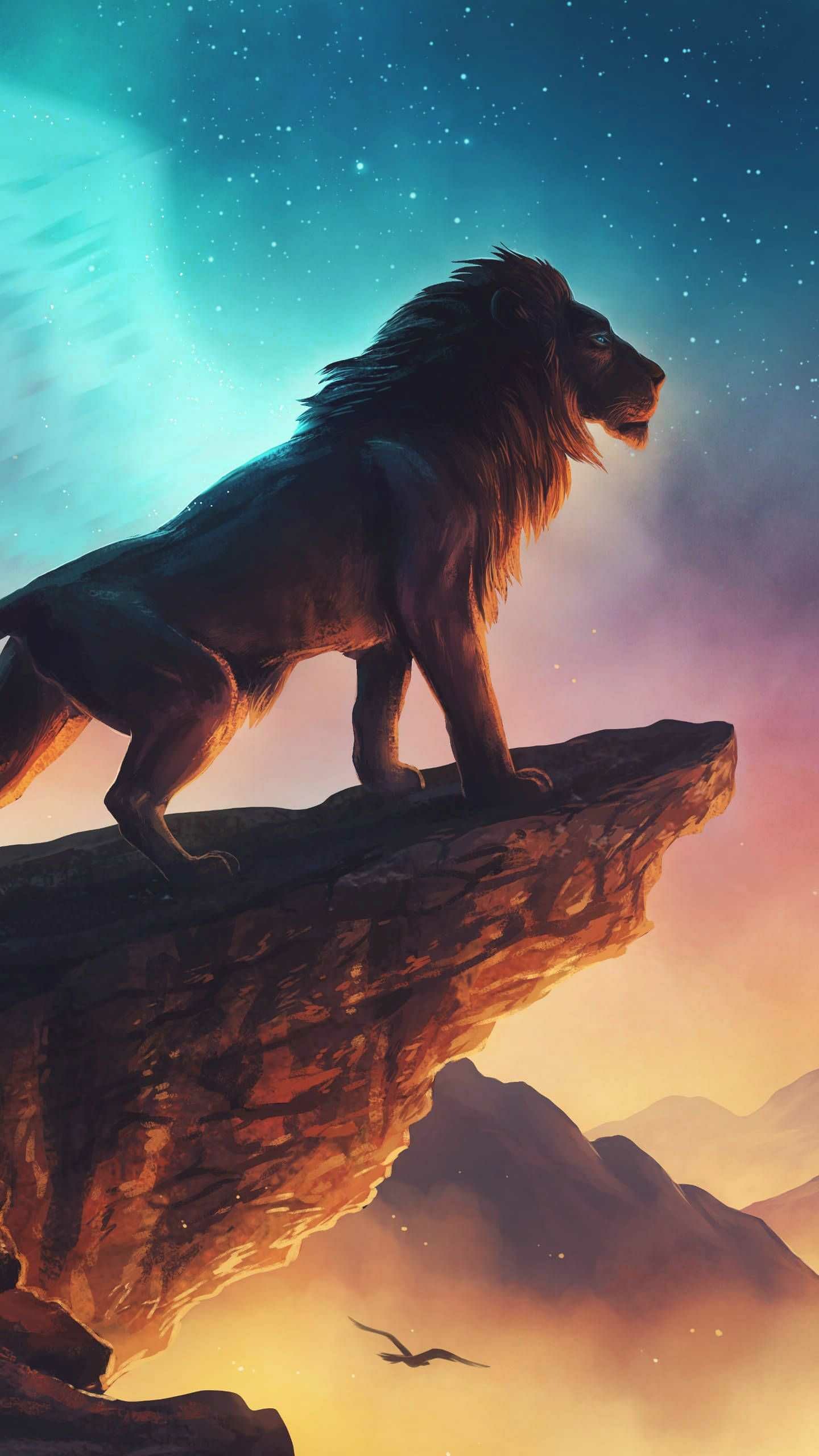 The Lion King Pride Rock, Lion silhouette on cliff, Starry aurora sky The Lion King Pride Rock, Lion silhouette on cliff, Starry aurora sky — 1440×2560 HD wallpaper