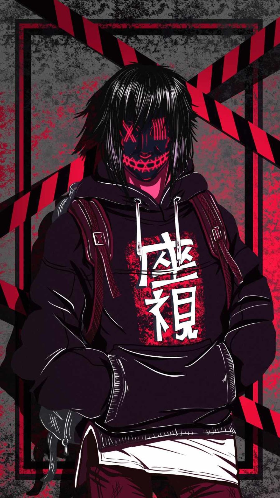 Neon purge-mask boy, Kanji print hoodie, Red-black grunge street Neon purge-mask boy, Kanji print hoodie, Red-black grunge street — 1080×1920 HD wallpaper