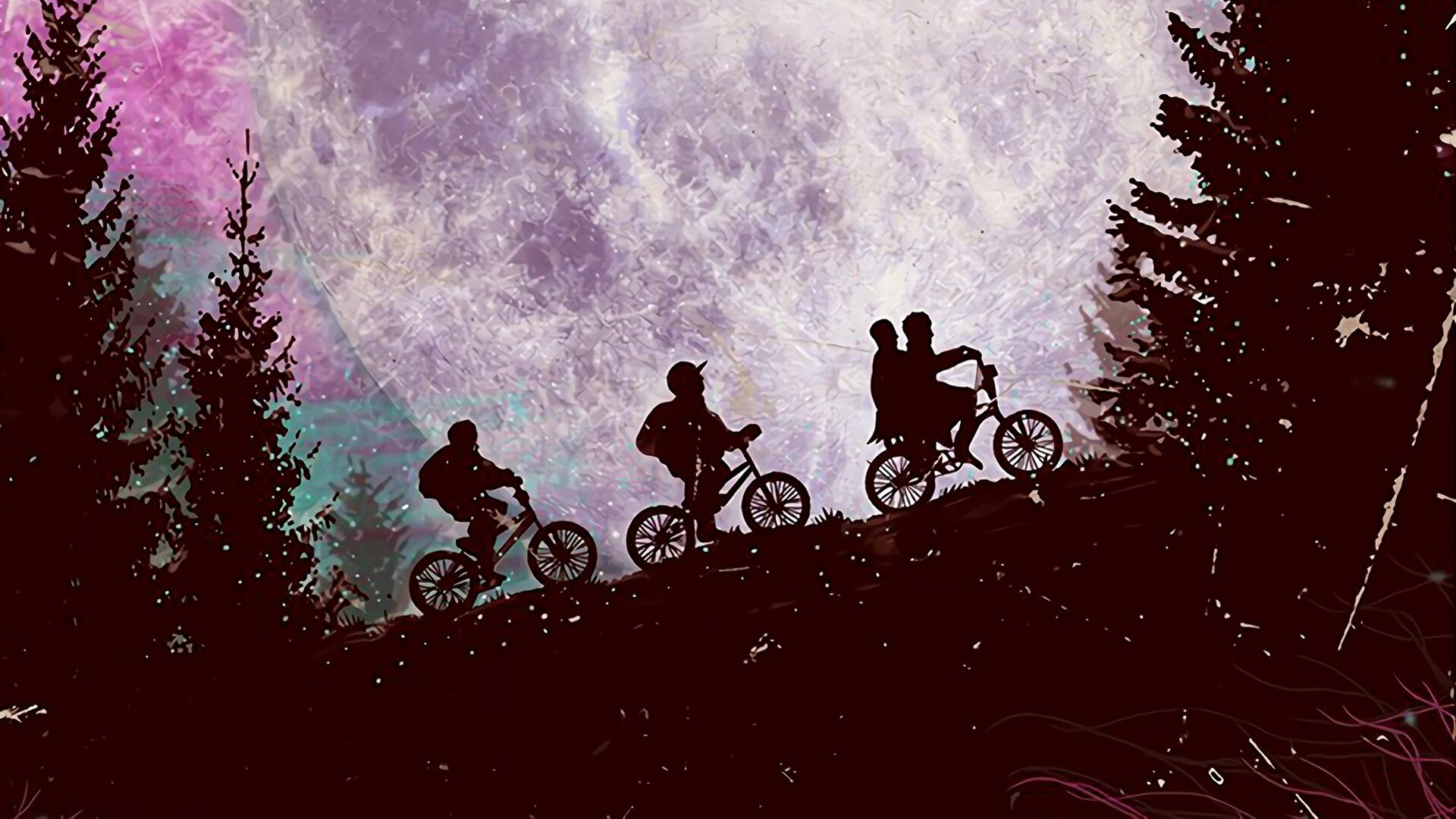 Kids on bikes silhouettes, Full moon backdrop, Dark forest Kids on bikes silhouettes, Full moon backdrop, Dark forest — 1920×1080 HD wallpaper