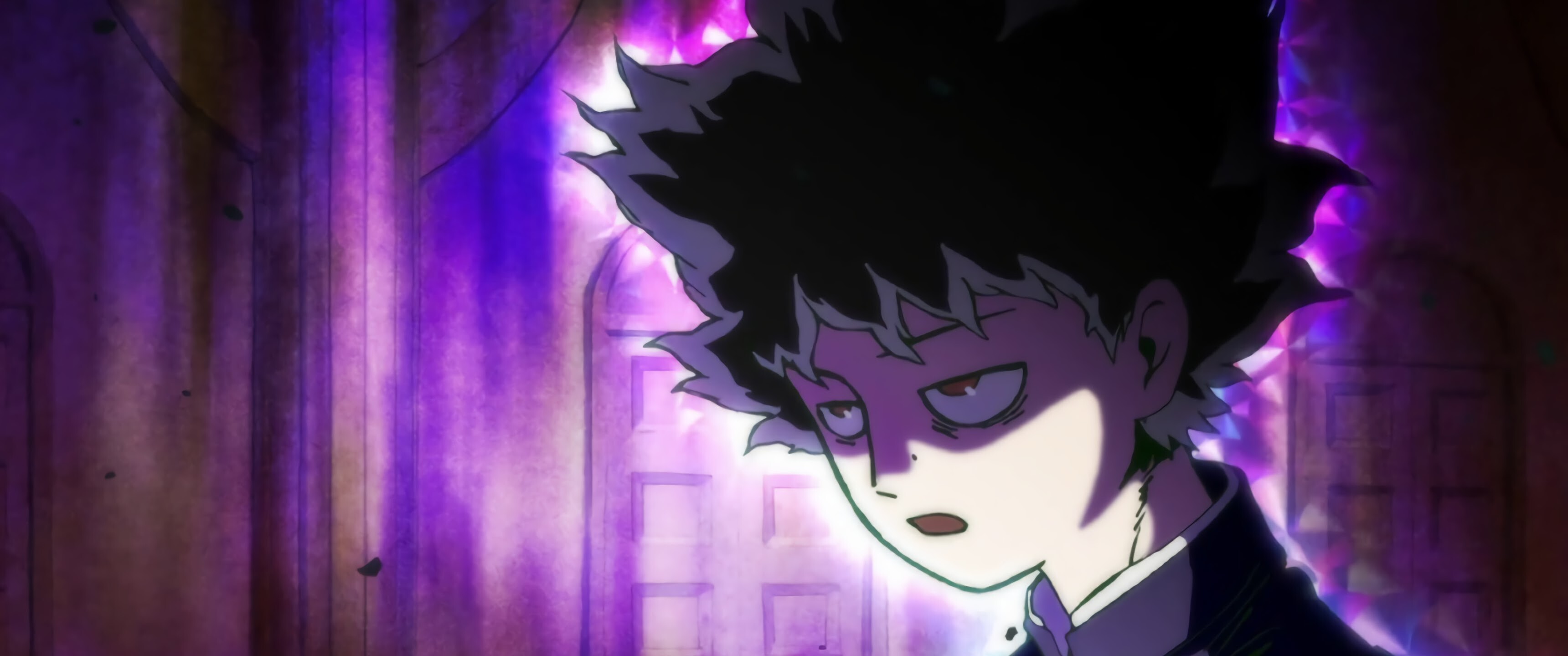 Shigeo Kageyama Mob, Purple psychic aura, 100% empowered state, Dual Screen Shigeo Kageyama Mob, Purple psychic aura, 100% empowered state, Dual Screen — 3440×1440 HD wallpaper