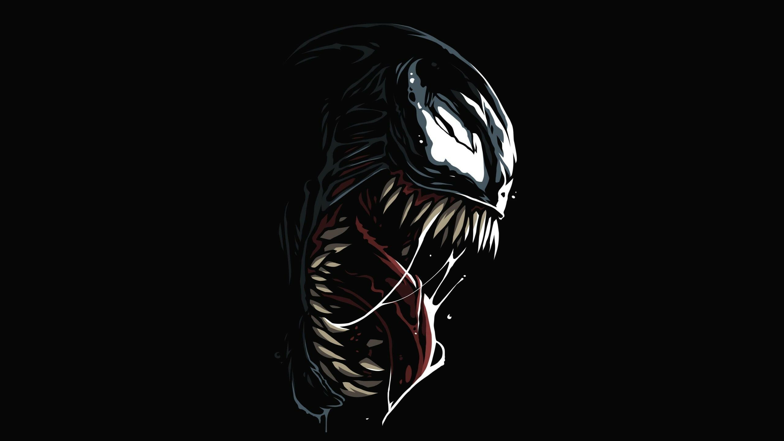 Venom symbiote, Minimalist vector, Red-mouthed fanged head, Black background Venom symbiote, Minimalist vector, Red-mouthed fanged head, Black background — 2560×1440 HD wallpaper