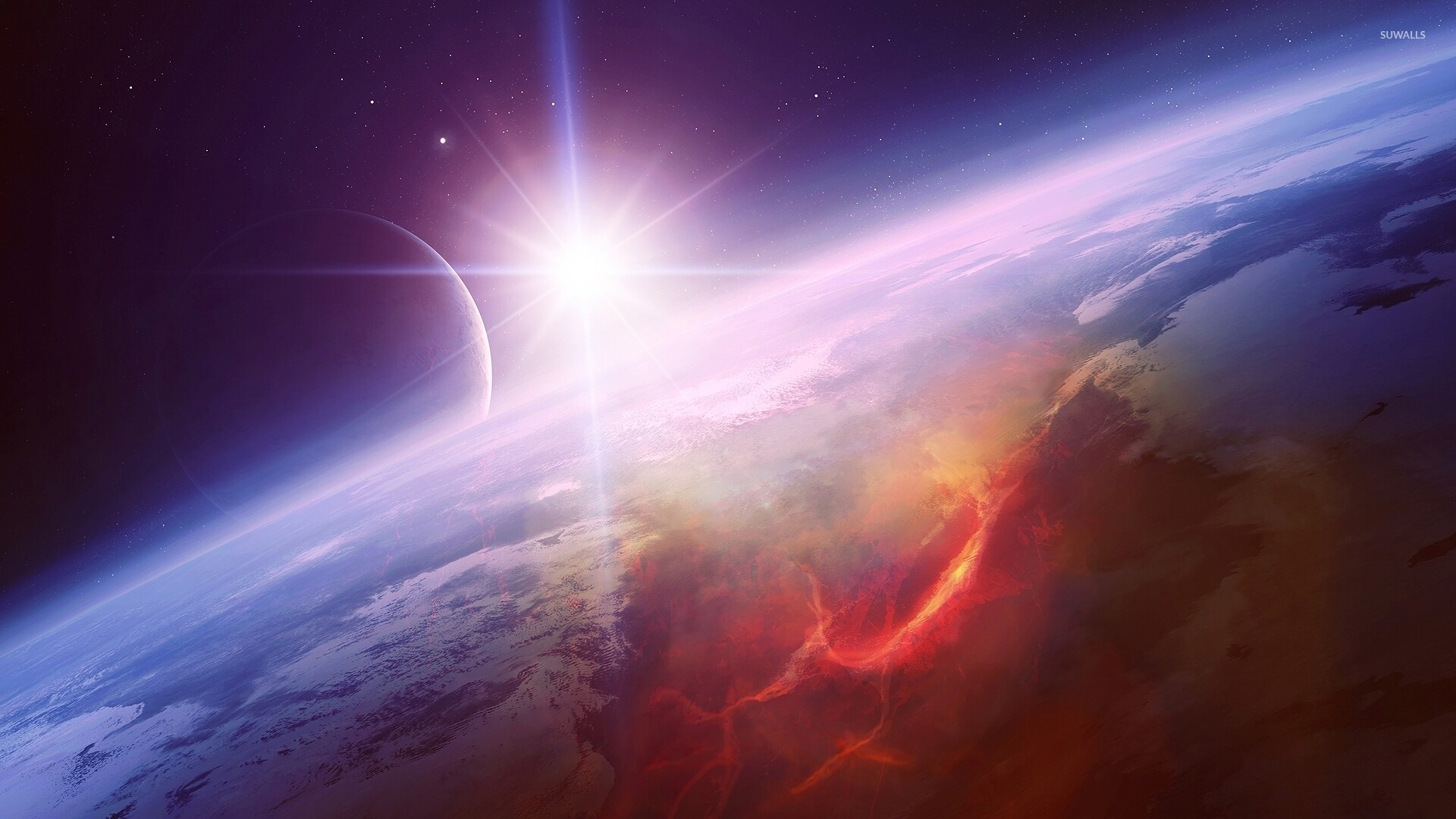 Red lava glow orbit, Sunburst over atmosphere, Crescent moon silhouette Red lava glow orbit, Sunburst over atmosphere, Crescent moon silhouette — 1920×1080 HD wallpaper