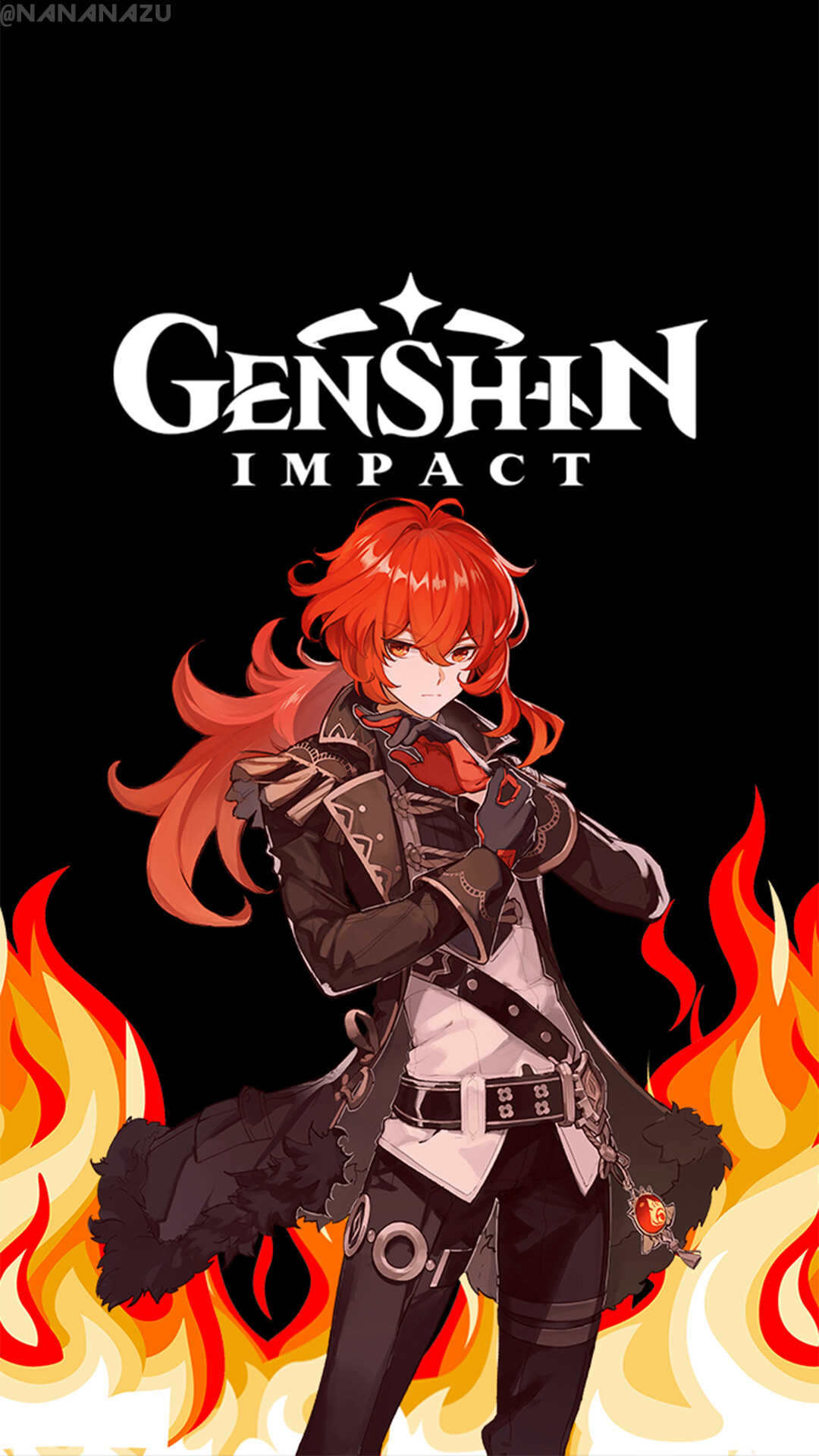 Diluc Ragnvindr, Genshin Impact logo, Pyro flames Diluc Ragnvindr, Genshin Impact logo, Pyro flames — 1080×1920 HD wallpaper