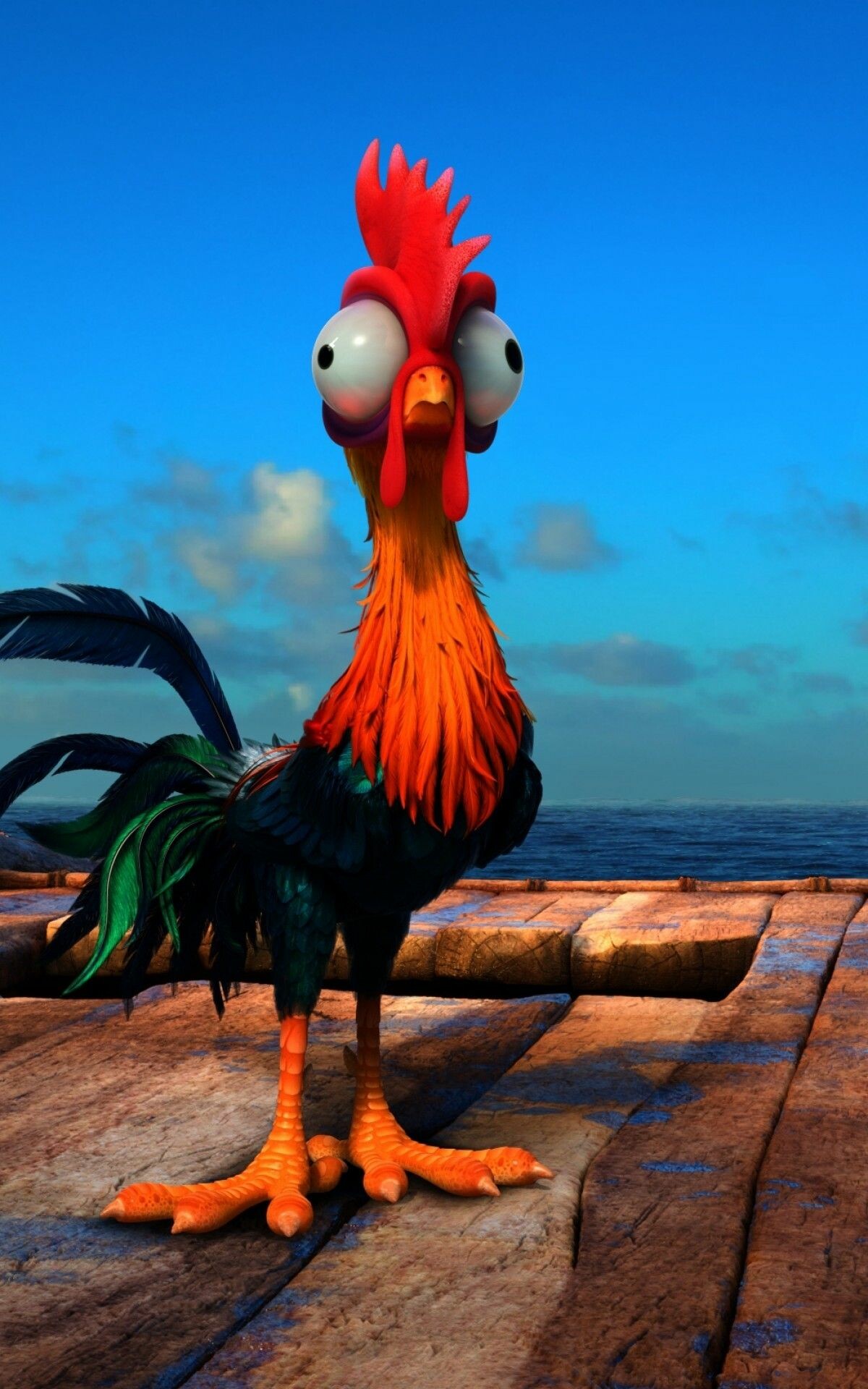 Heihei rooster close-up, Wooden canoe deck ocean, Blue evening sky Heihei rooster close-up, Wooden canoe deck ocean, Blue evening sky — 1200×1920 HD wallpaper