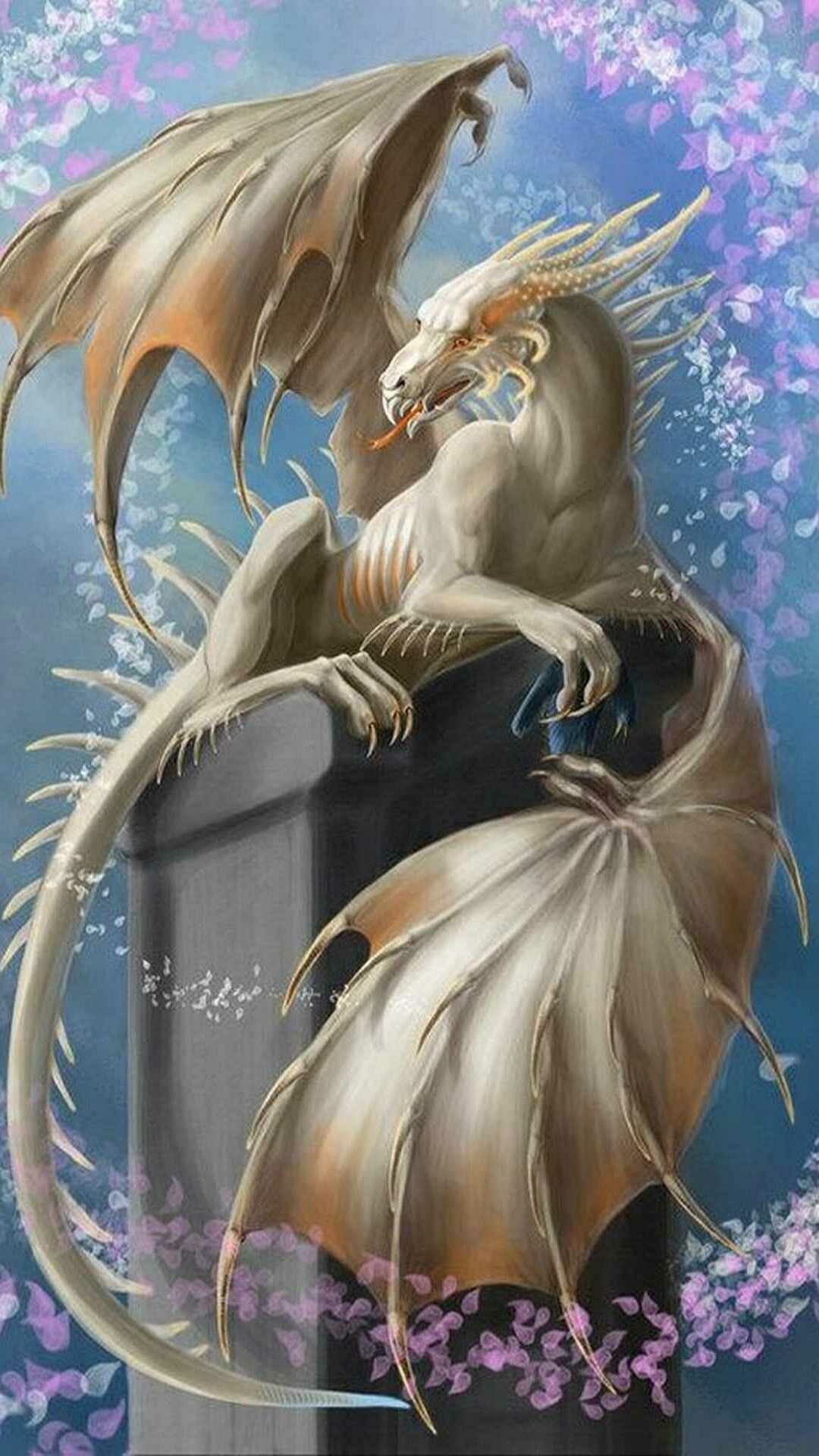 White dragon on pillar, Cherry blossom petals, Blue fantasy backdrop White dragon on pillar, Cherry blossom petals, Blue fantasy backdrop — 1080×1920 HD wallpaper