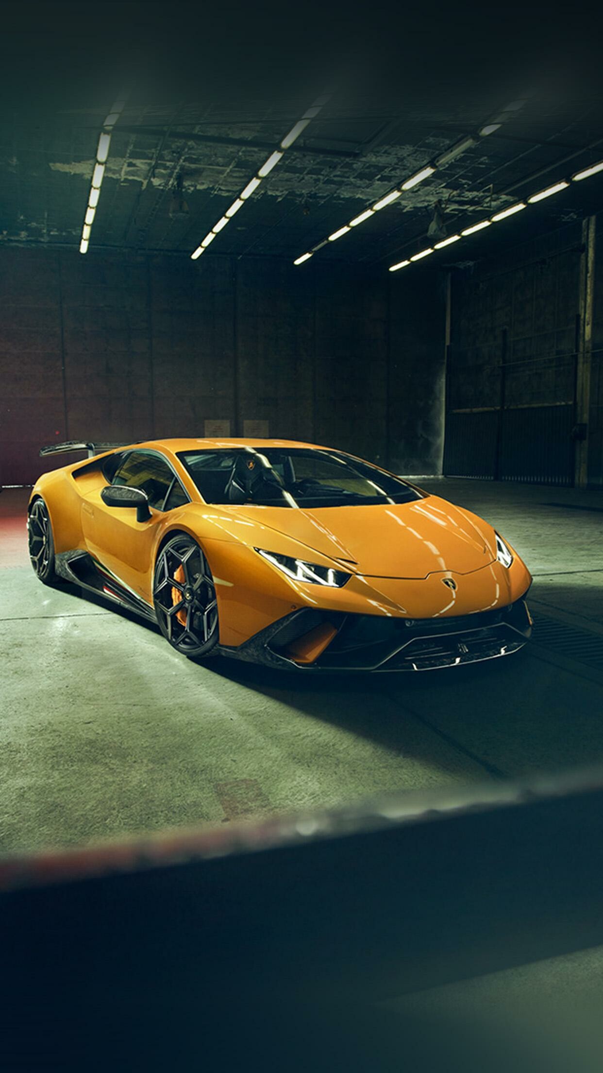 Orange Huracan Performante, Carbon front splitter, Dark warehouse interior Orange Huracan Performante, Carbon front splitter, Dark warehouse interior — 1242×2208 HD wallpaper