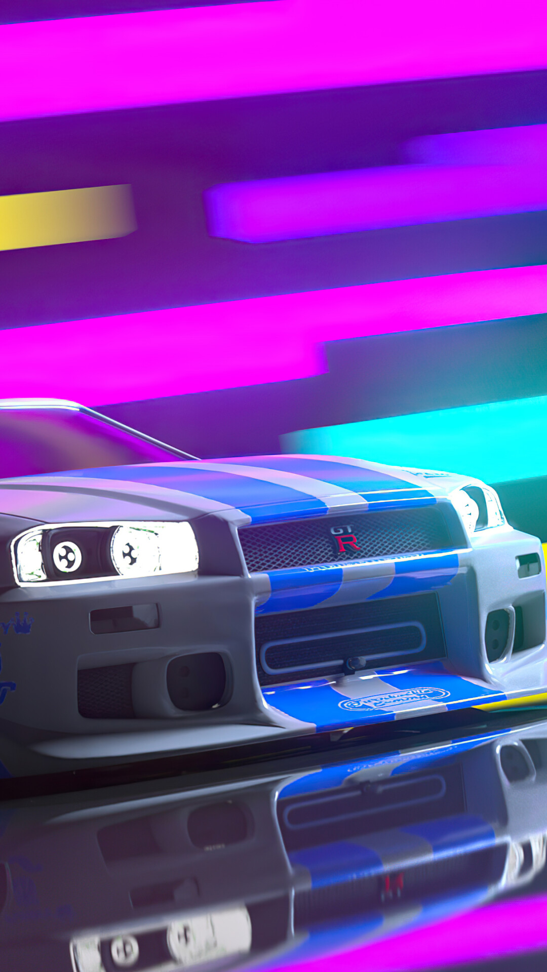 Nissan Skyline GT-R R34, Neon light streaks, Blue racing stripes Nissan Skyline GT-R R34, Neon light streaks, Blue racing stripes — 1080×1920 HD wallpaper