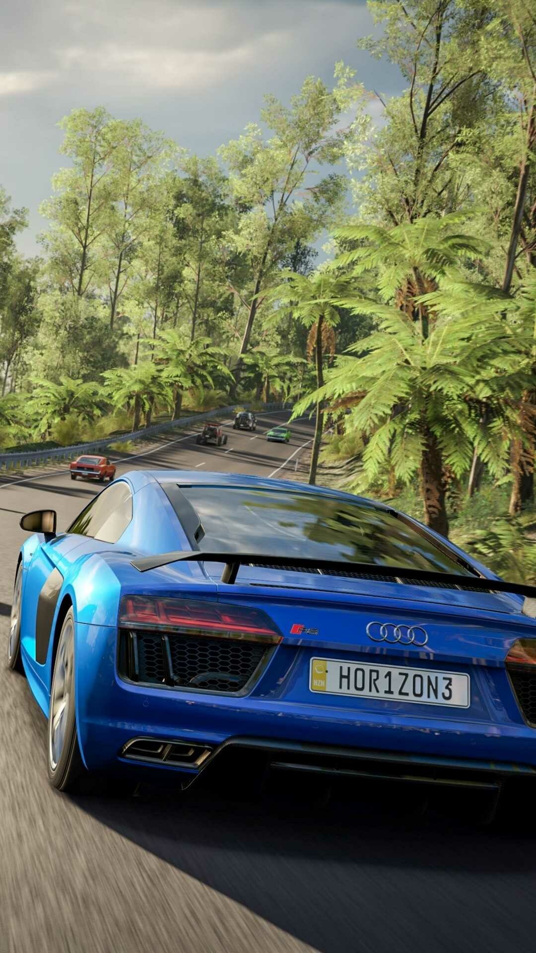 Audi R8 V10, HOR1ZON3 license plate, Lush rainforest road Audi R8 V10, HOR1ZON3 license plate, Lush rainforest road — 1080×1920 HD wallpaper