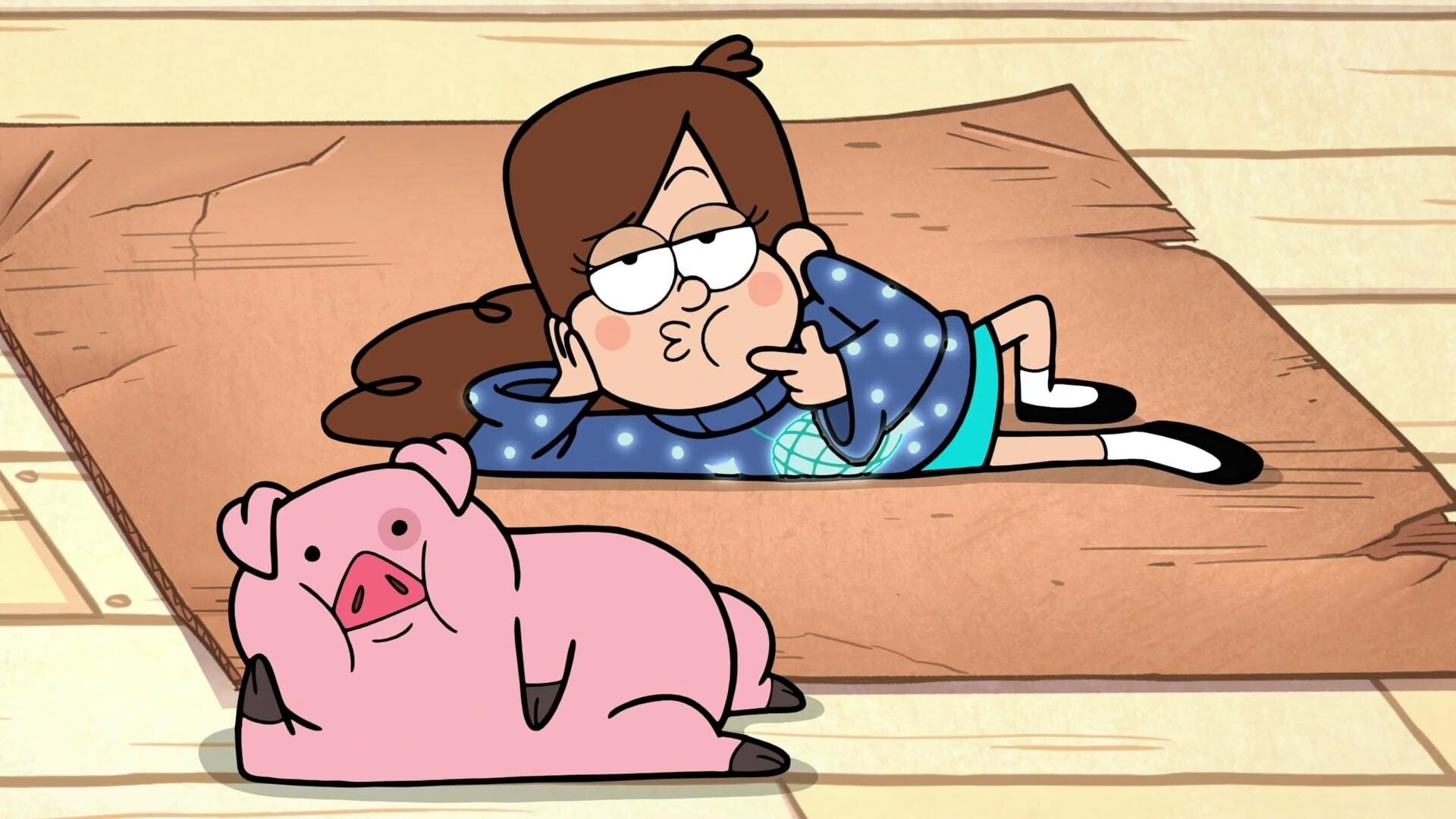Mabel Pines, Waddles the pig, Wooden porch floor, Blue polka-dot sweater Mabel Pines, Waddles the pig, Wooden porch floor, Blue polka-dot sweater — 1920×1080 HD wallpaper