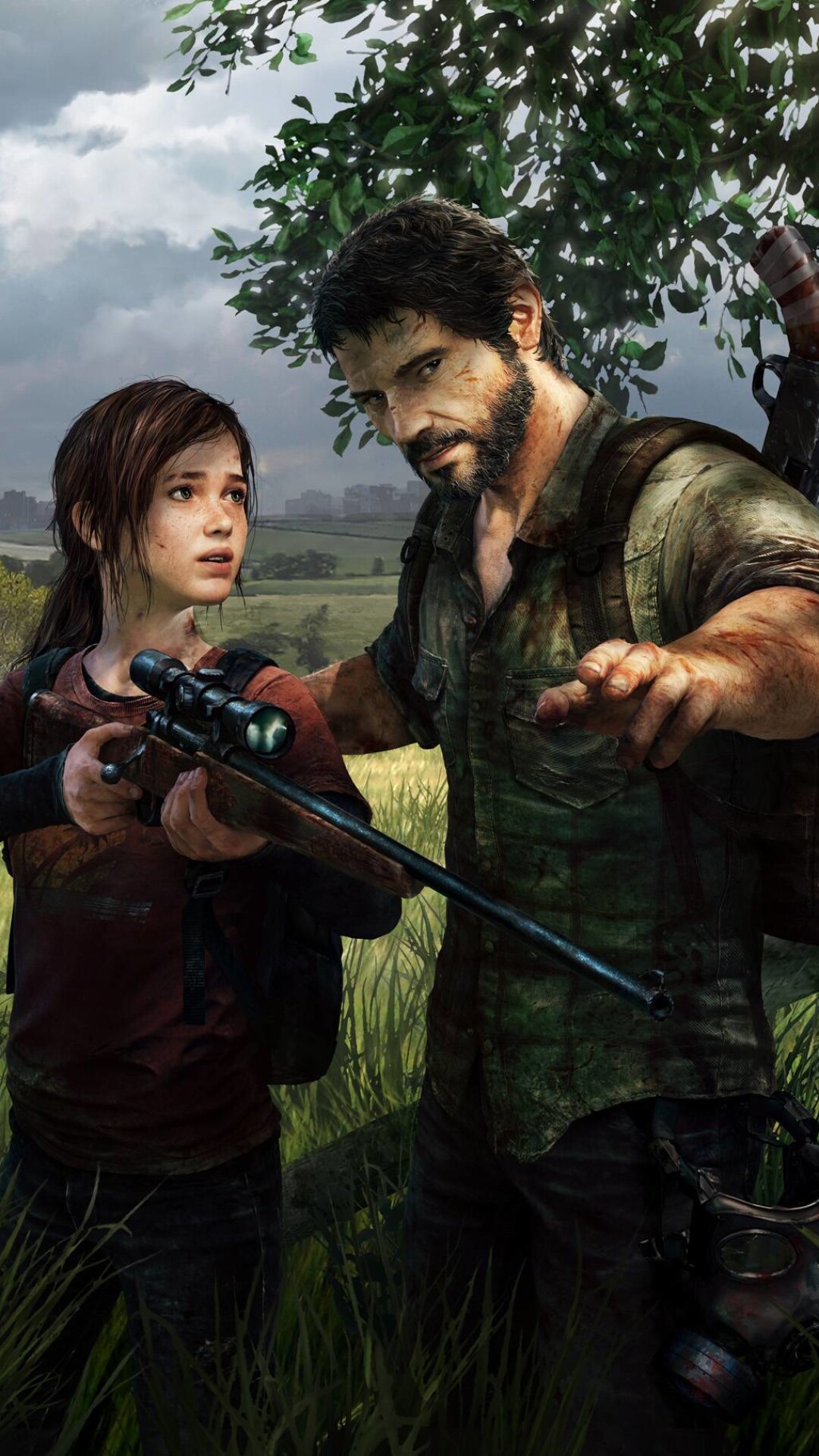 Ellie Williams aiming sniper rifle, Joel Miller pointing, Overgrown grassy field Ellie Williams aiming sniper rifle, Joel Miller pointing, Overgrown grassy field — 1080×1920 HD wallpaper